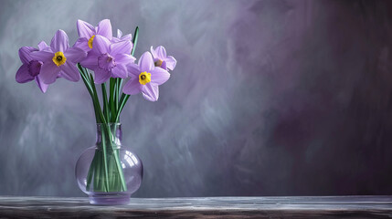 Side view of a bouquet of lilac daffodils in a glass vase on a gray background