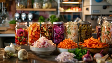 Fototapeta na wymiar Variety of fermented vegetables arranged at a visually appealing way in a variety of containers.