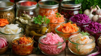 Variety of fermented vegetables arranged at a visually appealing way in a variety of containers.