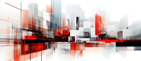 In this abstract cityscape, modern buildings are depicted with bold red lines against a white background, creating a striking contrast.