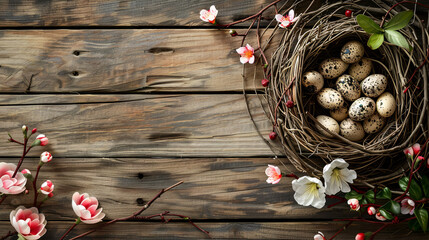 Spring nest with quail eggs with flowers on a wooden background, top view