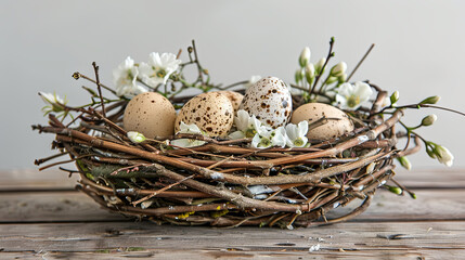 Obraz premium Spring nest with quail eggs with flowers on a gray background