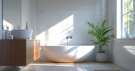 A Modern Bathroom Interior Highlighting a Streamlined Sink, Framed Mirror, and Elegant Bathtub