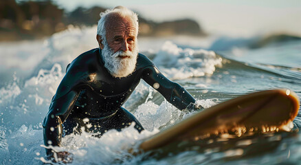 Portrait of an elderly bearded man riding the waves. Concept of active elderly people.