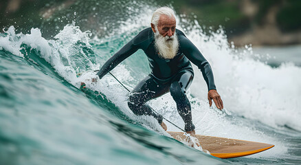 Portrait of an elderly bearded man riding the waves. Concept of active elderly people.