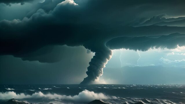 Video animation of waterspout, which is a tornado that occurs over a body of water clouds loom overhead, and the waterspout extends from the cloud base to the ocean surface