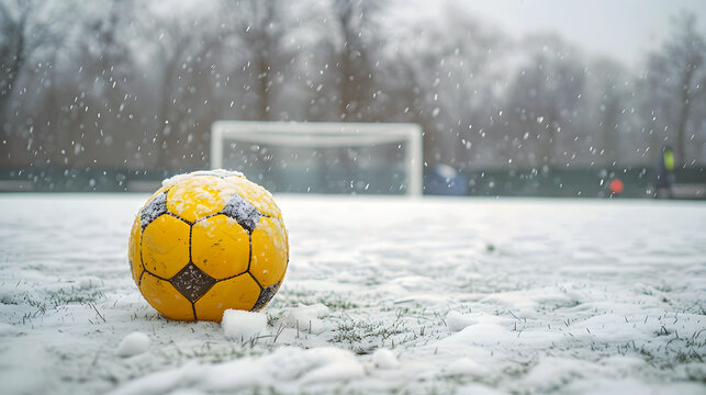 Yellow soccer ball on a snowy soccer field, snowfall in progress. Concept of football matches postponed due to bad weather