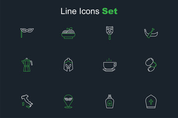 Set line Pope hat, Perfume, Carnival mask, Map of Italy, Olives, Coffee cup, Roman army helmet and maker moca pot icon. Vector