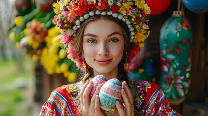 Fototapeta premium Beautiful girl with Easter eggs in her hands and festive attire