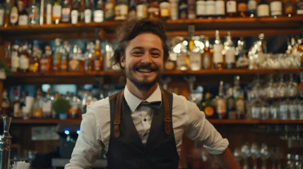Selbstklebende Fototapeten young smiling bartender on the background of a bar with copy space © katerinka