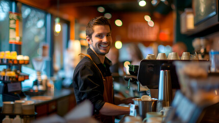 young smiling barista on the background of a bar with a coffee machine and coffee with copy space