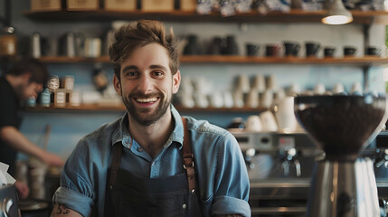 young smiling barista on the background of a bar with a coffee machine and coffee with copy space - obrazy, fototapety, plakaty