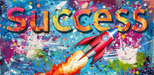 Vibrant Rocket Soaring on a Graffiti Art Background Emphasizing Dynamic Business Success and Startup Victory