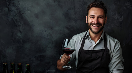 smiling sommelier with a glass of red wine on a black background with copy space