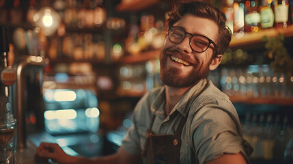 young smiling bartender on the background of a bar with copy space - obrazy, fototapety, plakaty