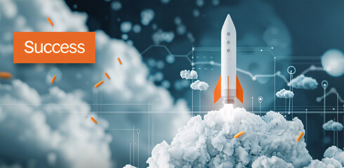 Sleek Rocket Launching Through Clouds with Digital Interface Overlay Symbolizing Cutting-Edge Business Success and Strategic Startup Vision
