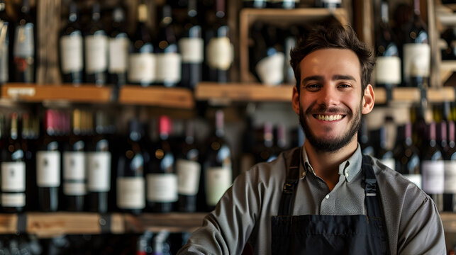 young smiling bartender on the background of a bar with copy space