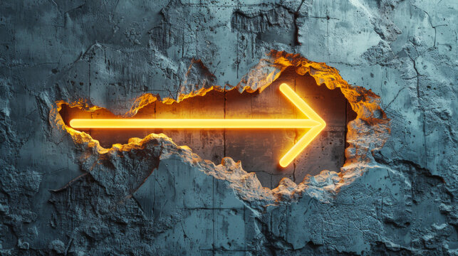 Glowing arrow breaking through wall on concrete background. Breakthrough and success concept. - Powered by Adobe