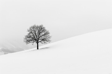 A lone tree is standing on a slope with snow in the background.