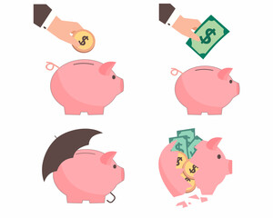 piggy bank with hand putting golden coins in bank, money insurance, break piggy bank for financial crisis vector illustration.