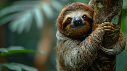 Fotobehang Funny sloth hanging on tree branch, cute face look © fajar
