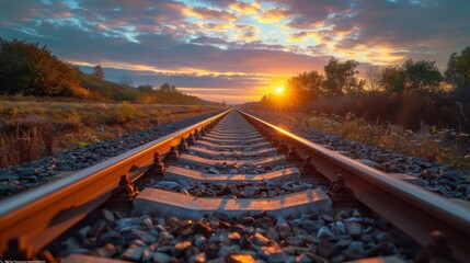 Capturing the Serenity of a Railway Line at Sunrise - obrazy, fototapety, plakaty