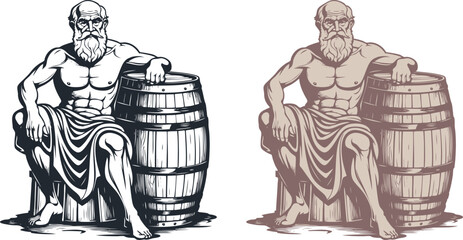 An elderly ancient Greek man sits next to a barrel of wine. Vector illustration - 748782606