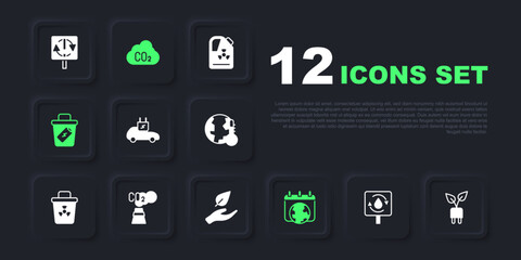 Set Recycle clean aqua, Electric saving plug in leaf, car, World Earth day, Trash can, CO2 emissions cloud, and Leaf hand icon. Vector