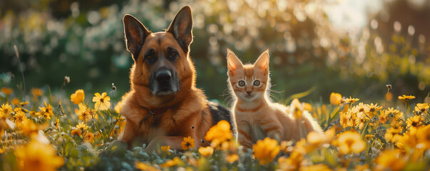 A German Shepherd dog and an orange tabby kitten sit side by side in a field of vibrant yellow flowers, showcasing a heartwarming display of canine-feline companionship amidst nature's beauty.