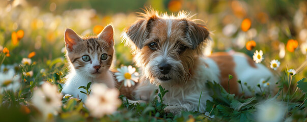 A schnauzer sits amidst daisies in the garden, accompanied by a playful kitten. This enchanting scene radiates floral charm, capturing the essence of interspecies camaraderie. - obrazy, fototapety, plakaty
