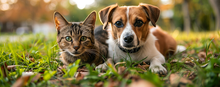 In a heartwarming scene, a Terrier dog and a cat sit side by side on the grass, exemplifying the bond of friendship. Perfect for capturing the charm and joy of furry companionship.