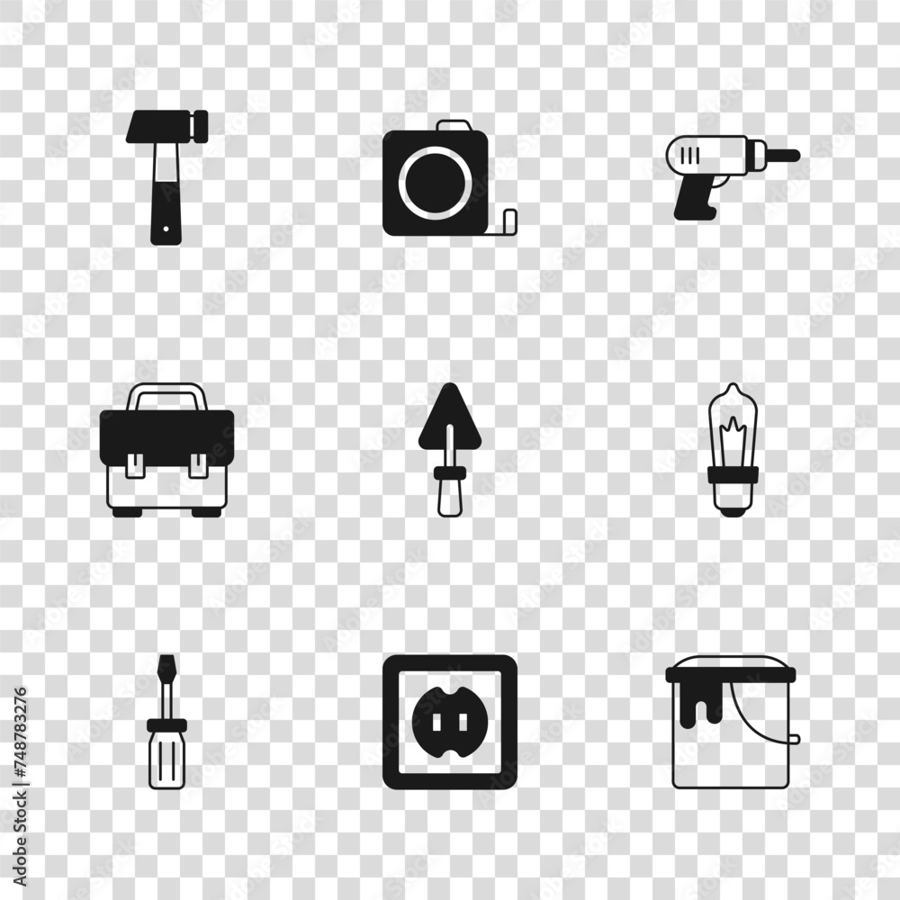 Canvas Prints Set Electrical outlet, Light bulb, Paint bucket, Trowel, drill machine, Hammer, Roulette construction and Toolbox icon. Vector