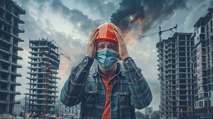 Construction engineer stress of Construction project failure Unemployment in the Covid Virus Crisis 19. The impact of the outbreak of the virus Covid 19. Business Failure Crisis. - obrazy, fototapety, plakaty
