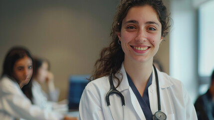 Doctor, Portrait of a smiling young doctor on seminar board room or during an educational class.