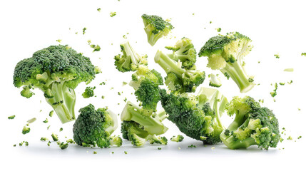 Falling broccoli isolated on white background.