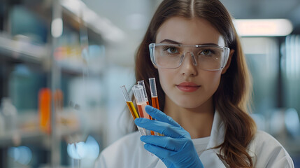 portrait of a young girl laboratory assistant in a white coat with test tubes close-up against the background of a laboratory and test tubes