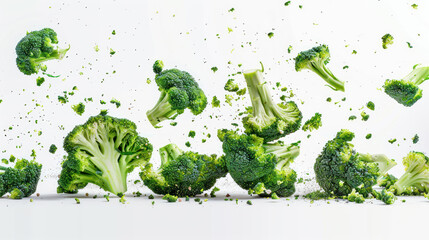 Falling broccoli isolated on white background.