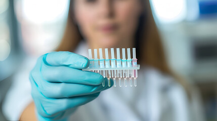 close-up of test tubes and a portrait of a young girl laboratory assistant in a white coat against the background of a laboratory and test tubes