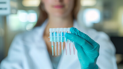 close-up of test tubes and a portrait of a young girl laboratory assistant in a white coat against the background of a laboratory and test tubes