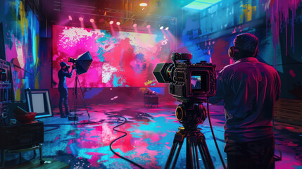 Generative AI image of cameraman is filming an entertainment show on the set.