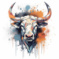 portrait of a highland bull isolated on a white background, watercolor style clipart illustration Bullfighting