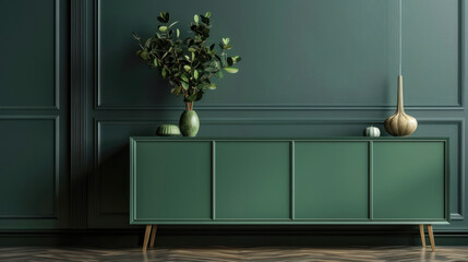 Green cabinet and accessories decor in living room interior on empty dark wall background.