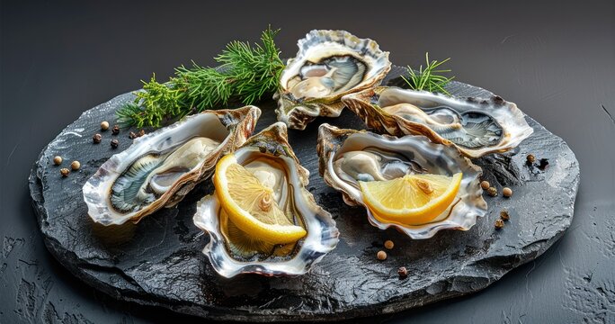 Fresh Raw Oysters Served on a Round Stone Board with Lemon Wedges