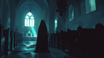 Illustration of a beautiful nun in church created with generative AI. - obrazy, fototapety, plakaty