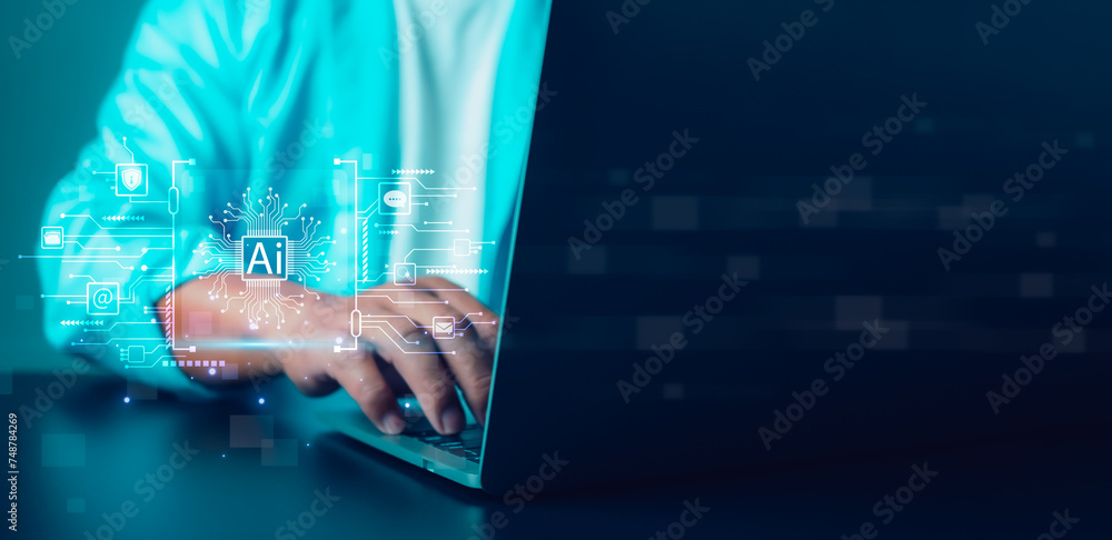Poster businessman shows icon on using artificial intelligence (ai) technology with virtual screen showing 