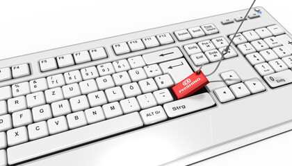 3d Tastatur mit Angelhaken und Phishing - Taste, Cyberbetrug  mit Datendiebstahl. auf transparenten Hintergrund - 748784285