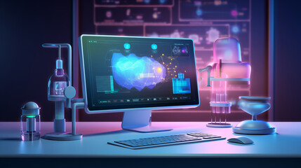 Computer with virtual labs, software sandbox on screen, realistic promoting appsembler. Neon colors - obrazy, fototapety, plakaty