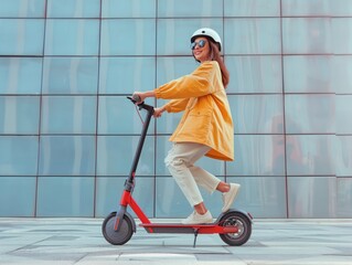 Young woman riding an electric scooter in the city