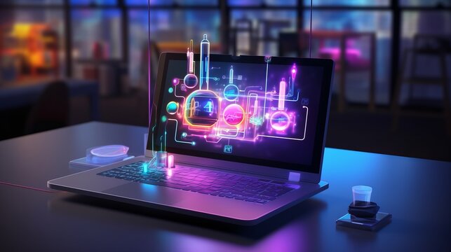 Computer with virtual labs, software sandbox on screen, realistic promoting appsembler. Neon colors