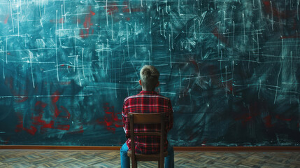 Teenager in class on background of blackboard.